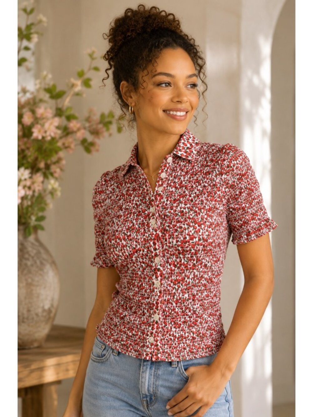 J Crew Liberty Fabric Floral Smocked Button Front Top Medium Red Pink